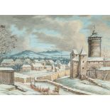 GERMAN SCHOOL (18th century) Figures in a Snowy Townscape Watercolour and bodycolour,