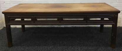 A 19th century Chinese elm low table The cleated rectangular top above the pierced frieze,