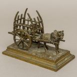 A patinated bronze model of a horse pulling a hay cart Mounted on a naturalistically cast stepped