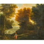 CONTINENTAL SCHOOL (17th/18th century) Figures in a River Landscape Oil on canvas, framed. 75 x 61.