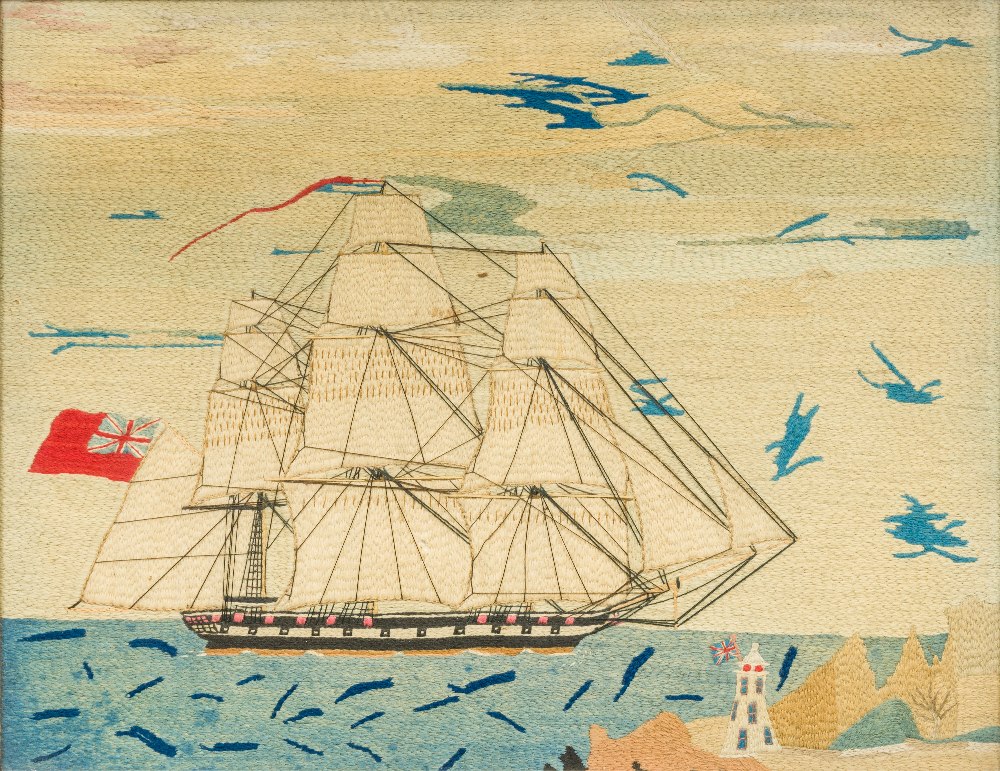 A needlework picture Worked with a three-masted sailing ship, a lighthouse in the foreground,