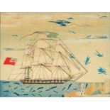 A needlework picture Worked with a three-masted sailing ship, a lighthouse in the foreground,