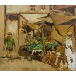 Attributed to ISAAC ISRAELS (1865-1934) Dutch Street Market Oil on board, inscribed to verso,