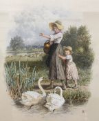 MYLES BIRKETT FOSTER (1825-1899) British Feeding The Swans Watercolour, signed with monogram,