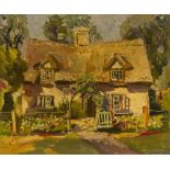 ALLAN WALTON (1892-1948) British Thatched Cottage and Garden Oil on canvas, signed, framed. 44.