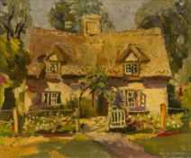 ALLAN WALTON (1892-1948) British Thatched Cottage and Garden Oil on canvas, signed, framed. 44.