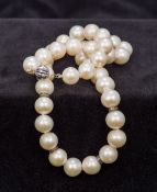 A pearl bead necklace Set with 18 ct white gold clasp and diamond set spacers. 44.5 cm long.