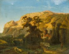 CONTINENTAL SCHOOL (19th century) Figure and His Dog Before a Mountainous Landscape Oil on canvas,