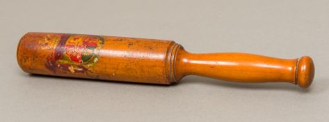 A 19th century wooden tip staff Of typical handled cylindrical form, painted with a crest.