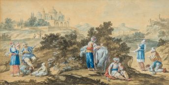 CONTINENTAL SCHOOL (18th century) Turks Before a Palace in a Mountainous Landscape Watercolour on