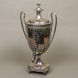 A large 19th century Sheffield plate samovar Of octagonal form, with twin slender loop handles,