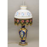 A large Murano overlay blue glass table lamp With florally painted milk and gilt heightened milk