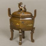 A 19th century Chinese mixed metal inlaid bronze censer Of flattened hexagonal form,