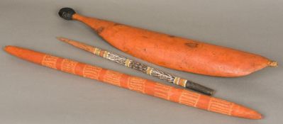 An Aboriginal missile club and thrower Together with an Aboriginal painted dance stick.
