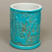 A Chinese blue glazed porcelain brush pot Of cylindrical form,