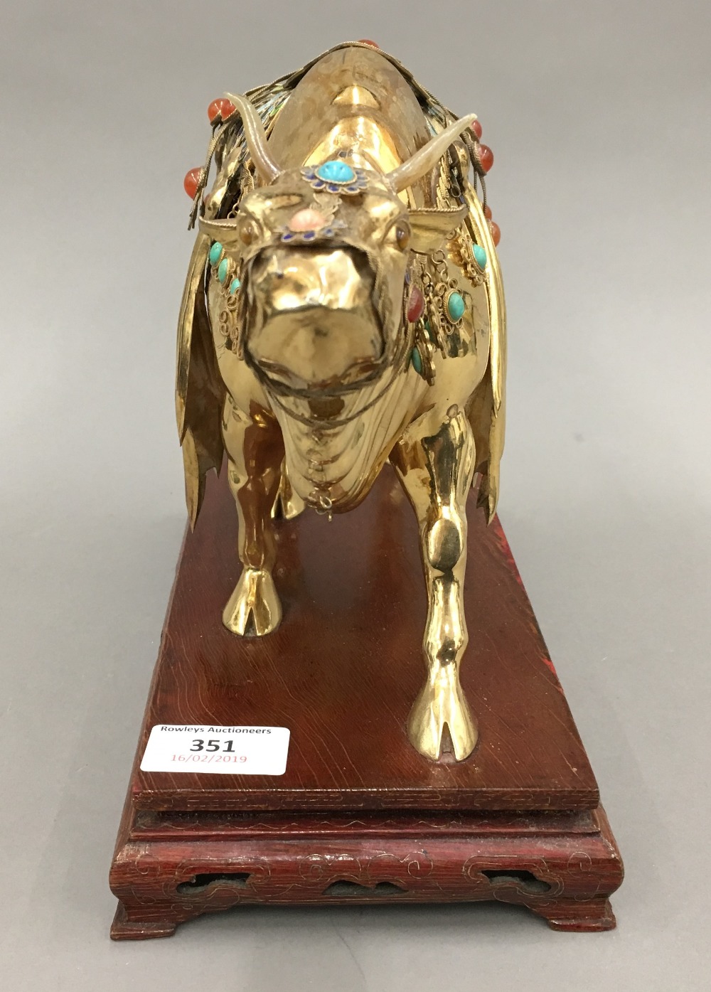 A Chinese Republic period 925 silver and gold washed figure of an ox Finely adorned with coloured - Image 3 of 8