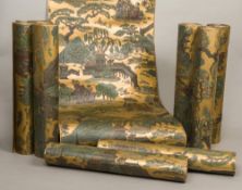 Five rolls of period, early 20th century, chinoiserie embossed decorated bronzed wallpaper 54.