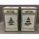 A pair of chinoiserie lacquered bedside cabinets Each fitted with a drawer above a cupboard door.
