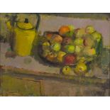 FREDERICK CUMMING (born 1930) British Still Life of Fruit with Kettle Oil on board, signed, framed.