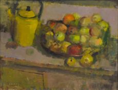FREDERICK CUMMING (born 1930) British Still Life of Fruit with Kettle Oil on board, signed, framed.