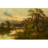 FRANK HIDER (1861-1933) British Figures in a River Landscape at Sunset Oil on canvas,