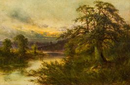 FRANK HIDER (1861-1933) British Figures in a River Landscape at Sunset Oil on canvas,