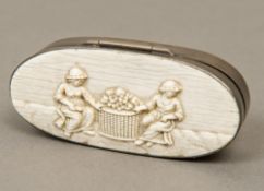 A 19th century ivory mounted unmarked white metal box Of hinged oval form,