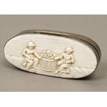 A 19th century ivory mounted unmarked white metal box Of hinged oval form,