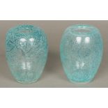 A near pair of Art glass vases Each with blue/green crackle glaze finish. The largest 14 cm high.