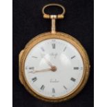 An unmarked 18 ct gold enamel decorated pair cased verge escapement pocket watch The white