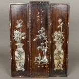 Three 19th century Chinese mother-of-pearl inlaid wooden (possibly hongmu wood) panels One