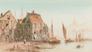 C ELLIS (19th century) British Continental Harbour Scene Watercolour heightened with bodycolour,