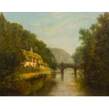 ENGLISH SCHOOL (19th century) Figures Before a Cottage and Bridge in a River Landscape Oil on