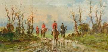 R ALLEN (20th century) British (AR) The Hunt Oil on canvas, signed, framed. 78 x 38 cm.