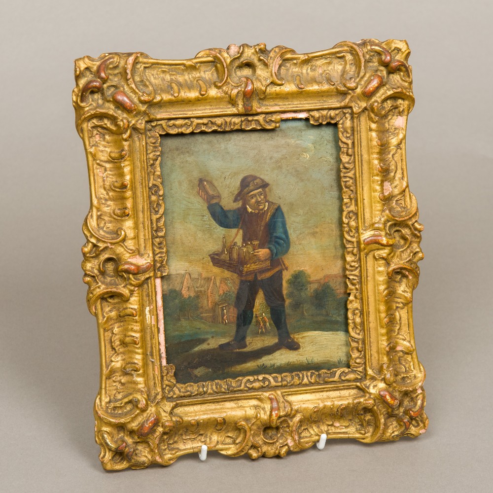 CONTINENTAL SCHOOL (19th century) Street Vendor Oil on copper, framed. 11.5 x 15.5 cm.