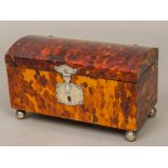 An 18th century unmarked silver mounted tortoiseshell casket The hinged domed lid enclosing the