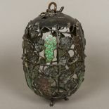 A 19th century Japanese patinated bronze and enamel decorated hanging lantern Of pierced ovoid form