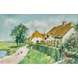 ERNEST WILLIAM ALDWORTH (1889-1977) British (AR) Figures Before Rural Thatched Cottages Watercolour