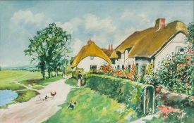 ERNEST WILLIAM ALDWORTH (1889-1977) British (AR) Figures Before Rural Thatched Cottages Watercolour