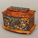 A 19th century mother-of-pearl inlaid tortoiseshell tea caddy The shaped domed hinged top enclosing