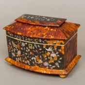 A 19th century mother-of-pearl inlaid tortoiseshell tea caddy The shaped domed hinged top enclosing