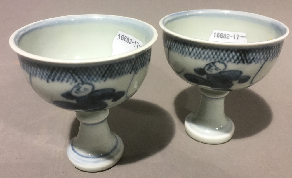 A pair of Chinese blue and white porcelain stem cups Both figurally decorated, - Image 4 of 8