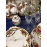 A Royal Albert Old Country Rose pattern six piece tea set, together with candlesticks, condiments,