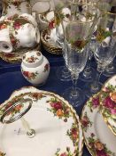 A Royal Albert Old Country Rose pattern six piece tea set, together with candlesticks, condiments,