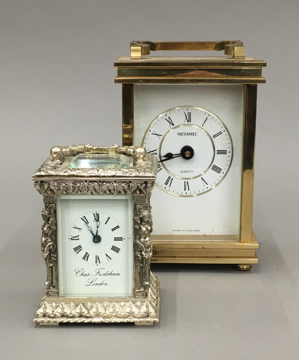 A modern silvered cased Frodsham miniature carriage clock and another larger carriage clock