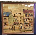 DEAKINS, Riverside Buildings and Figures, oil on board, signed,