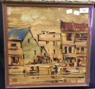 DEAKINS, Riverside Buildings and Figures, oil on board, signed,