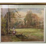 AF PERRIN, Figures on a Bridge in a Rural Landscape, watercolour, signed,
