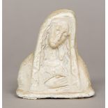 An antique terracotta bust of the Virgin Mary With allover creamy glaze. 7 cm high.