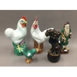 Five pieces of antique Chinese porcelain; three cockerels,